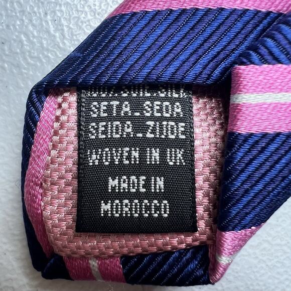 Pink Thomas Pink 100% Silk Tie Pink Navy Blue Striped Luxury Woven In England - Picture 4 of 5
